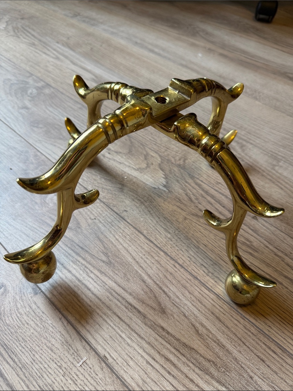 Pair of Antique vintage Brass Andirons base Curved antler Legs